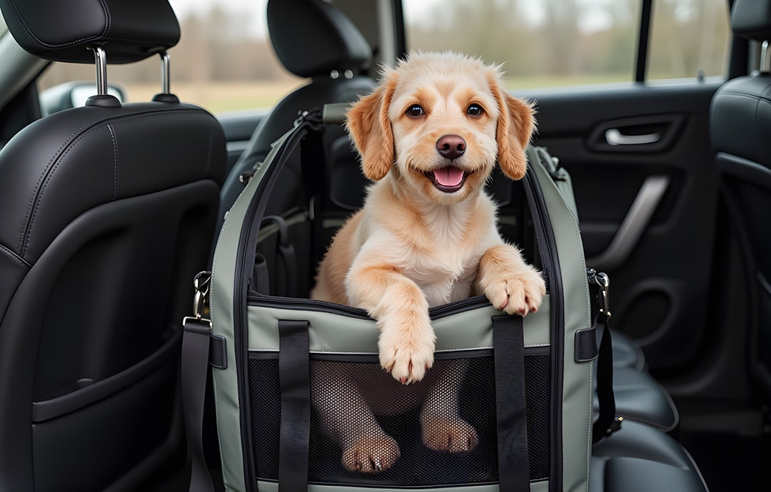 ペット用ドライブボックスに入った犬